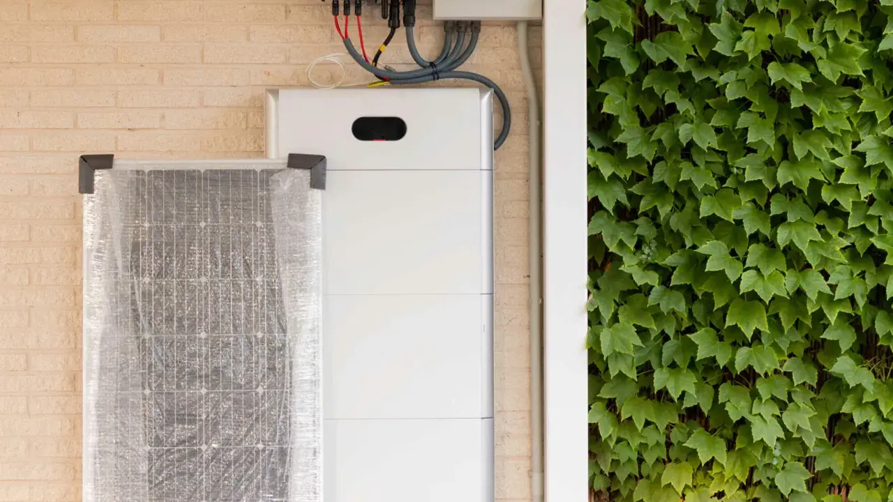 Ein weißer Redox-Flow-Heimspeicher steht neben einer verpackten Solaranlage an einer Ziegelwand, bedeckt mit Efeu.