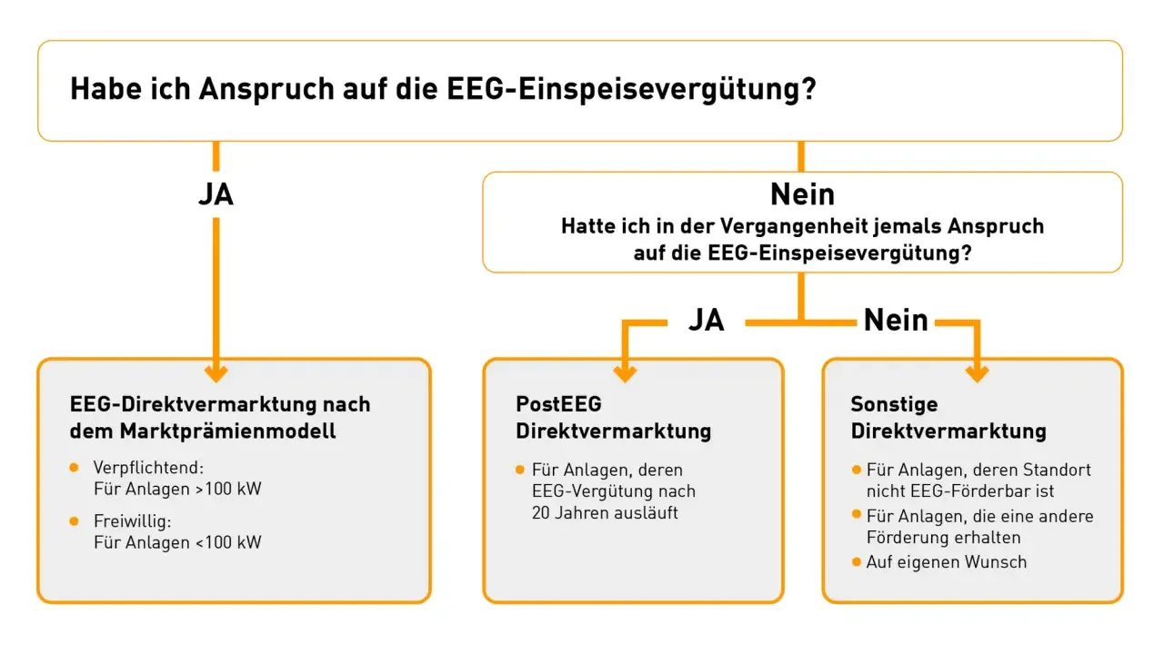 Flussdiagramm zur EEG-Einspeisevergütung: Anspruchsprüfung für Anlagen, die Strom ins Netz einspeisen.