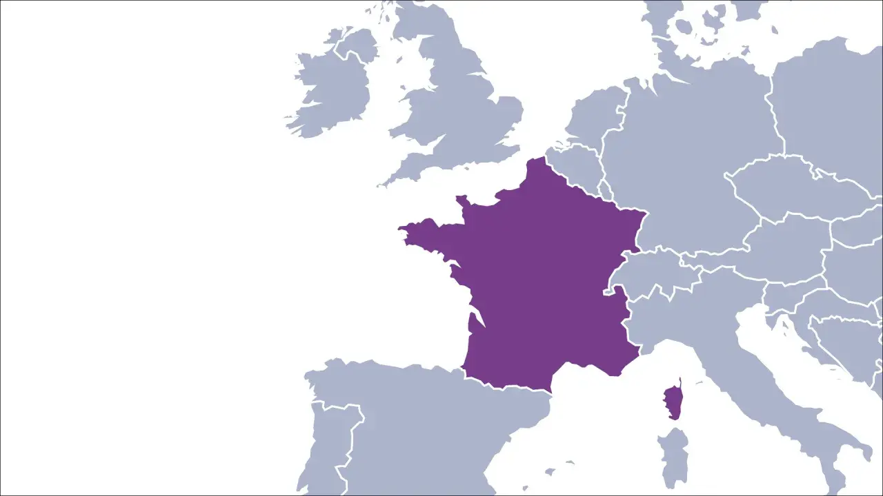 Karte von Europa mit hervorgehobenem Frankreich. Dies könnte die Energieversorgung oder die geografische Lage für Frankreichs Energiepolitik darstellen.