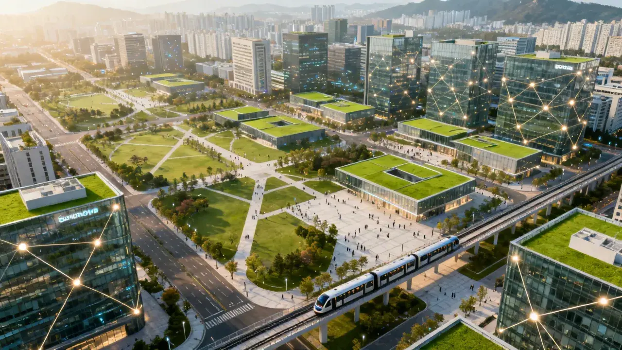 Modellprojekte Smart Cities: Grüne Dächer, vernetzte Gebäude und eine moderne Bahn prägen diese futuristische Stadtlandschaft.