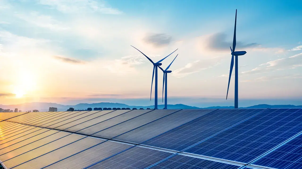Solarpanels und Windräder im Sonnenuntergang symbolisieren die Versorgungssicherheit durch erneuerbare Energien.