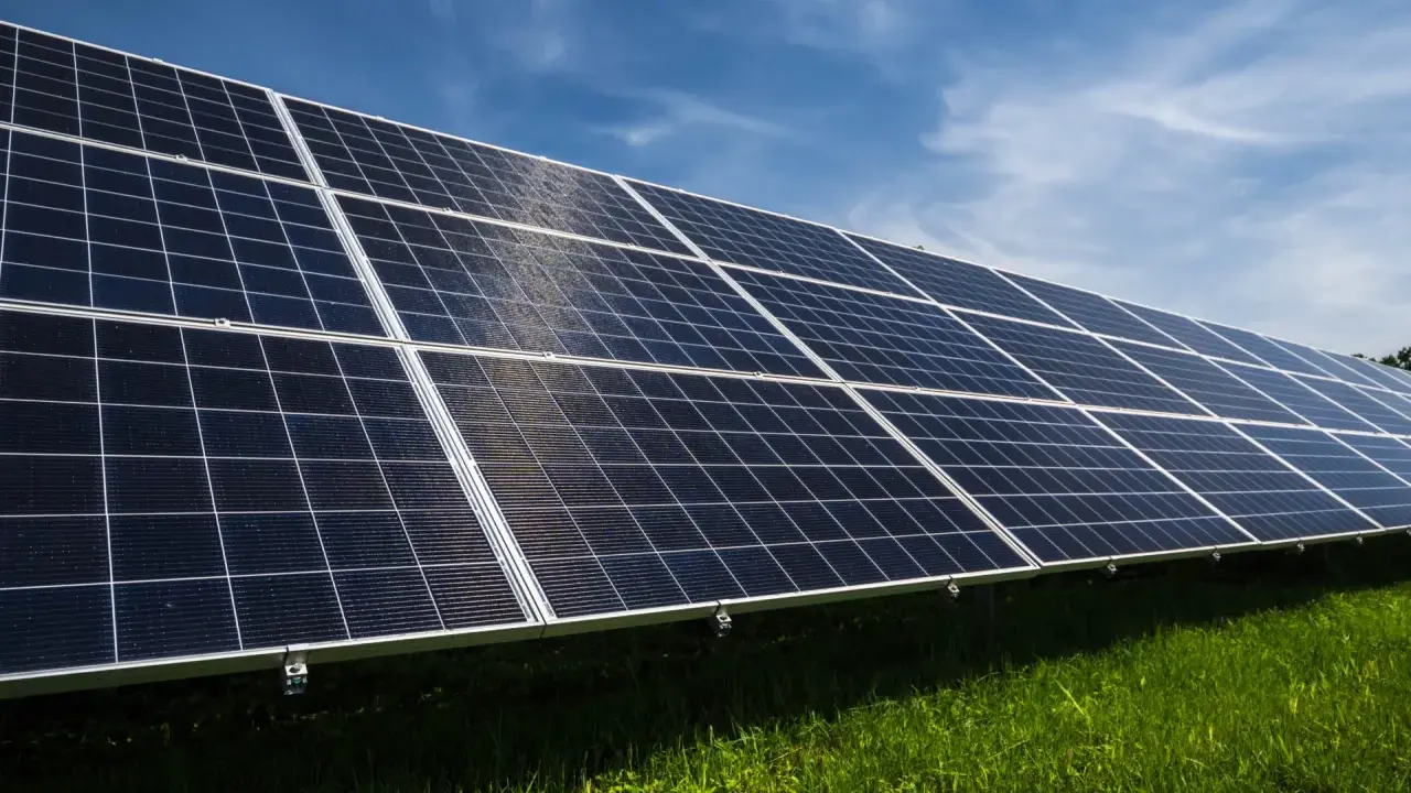 Reihen von Solarmodulen auf einer grünen Wiese unter blauem Himmel. Erneuerbare Energie durch Solarenergie.