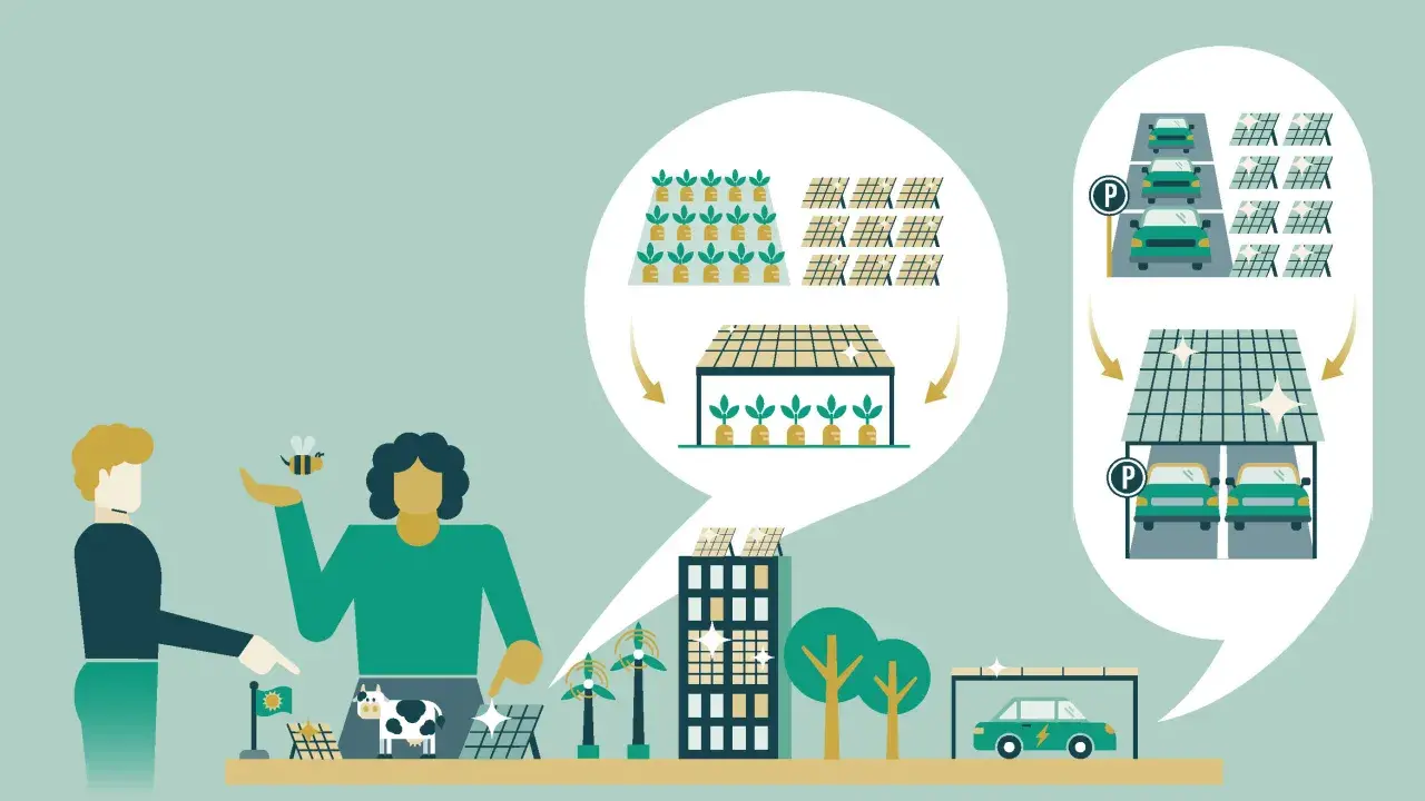 Menschen und Bienen arbeiten zusammen, um klimawandel entgegenwirken. Solarenergie, Elektroautos und nachhaltige Landwirtschaft sind Teil der Lösung.