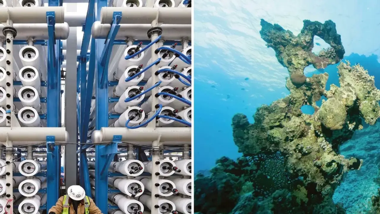Industrielle Anlage mit Rohren und ein Korallenriff im tiefblauen Wasser. Blaue Energie für die Zukunft.