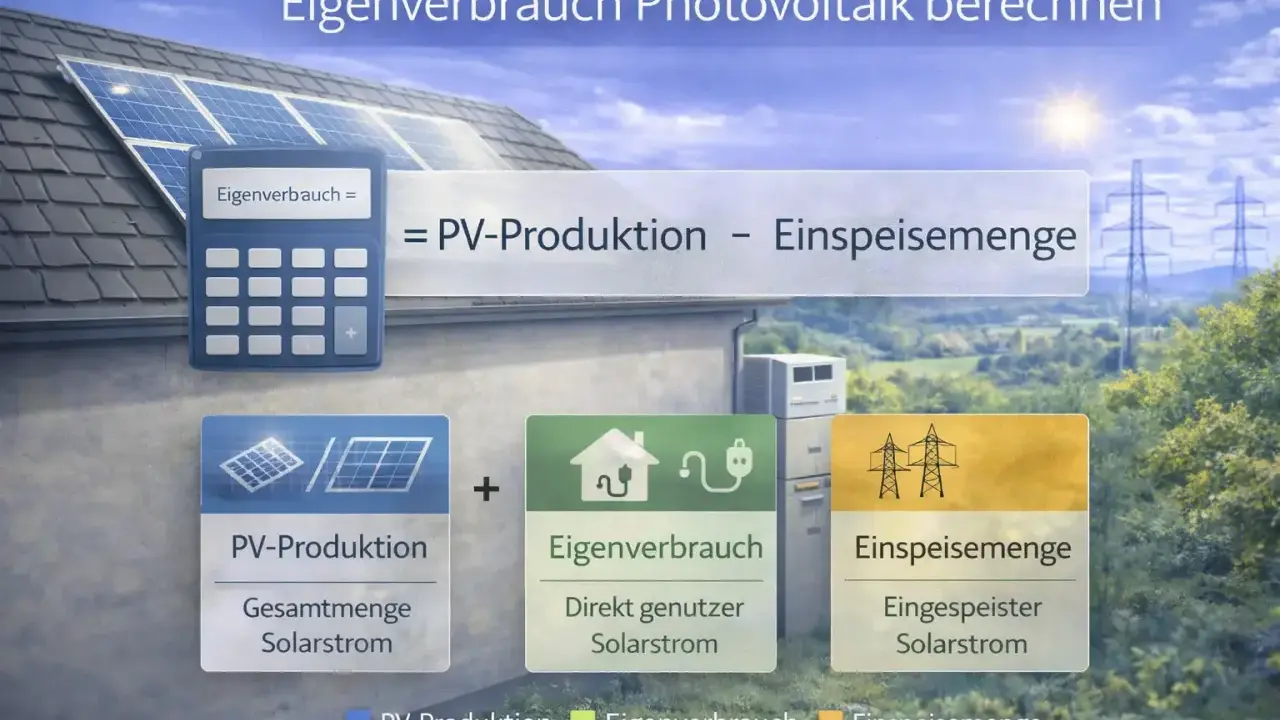 Berechnung des Eigenverbrauchs von PV-Anlagen: PV-Produktion minus Einspeisemenge ergibt den direkt genutzten Solarstrom.