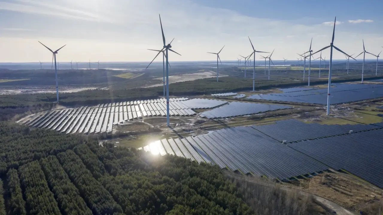 Große Solarfelder und Windräder prägen den Energiepark Lausitz.
