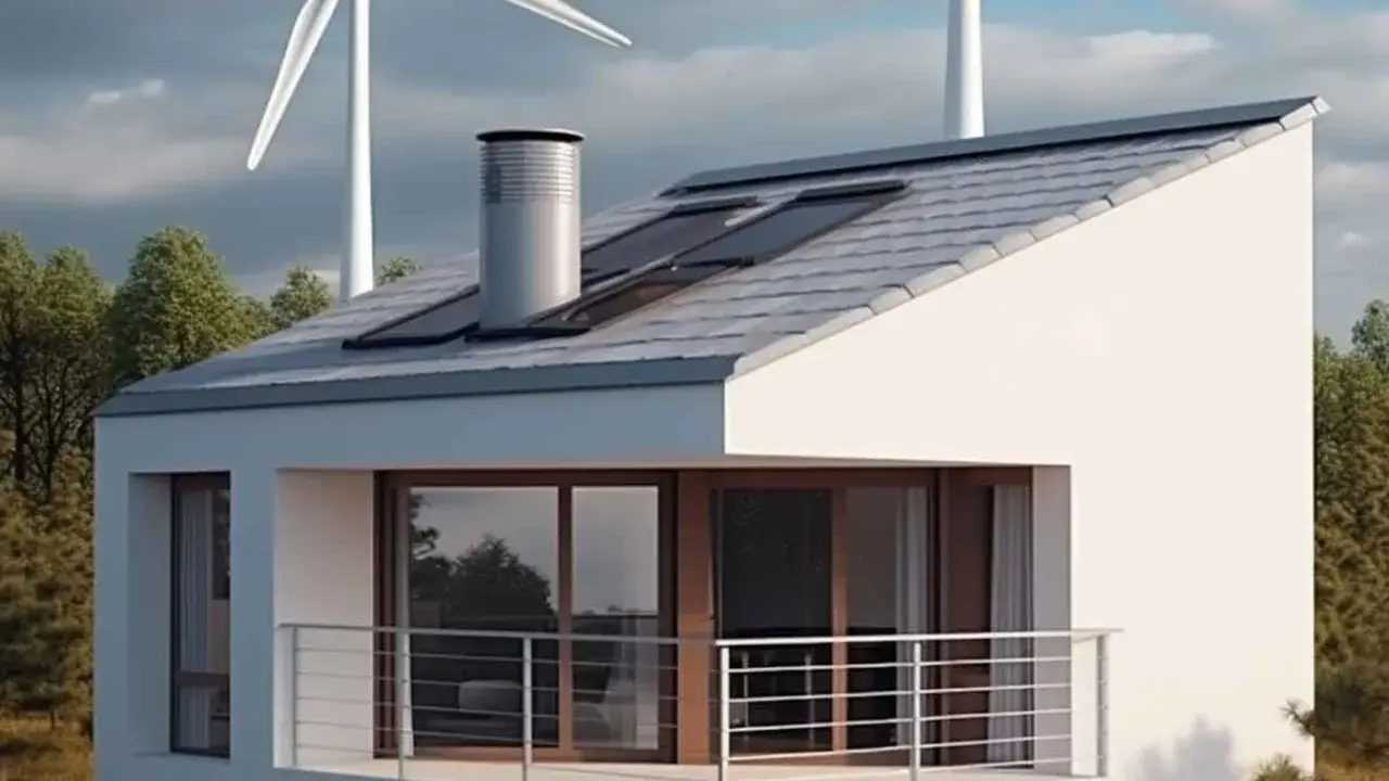 Ein modernes Einfamilienhaus mit Solarpaneelen und einer Kleinwindkraftanlage im Hintergrund, die für nachhaltige Energie sorgt.
