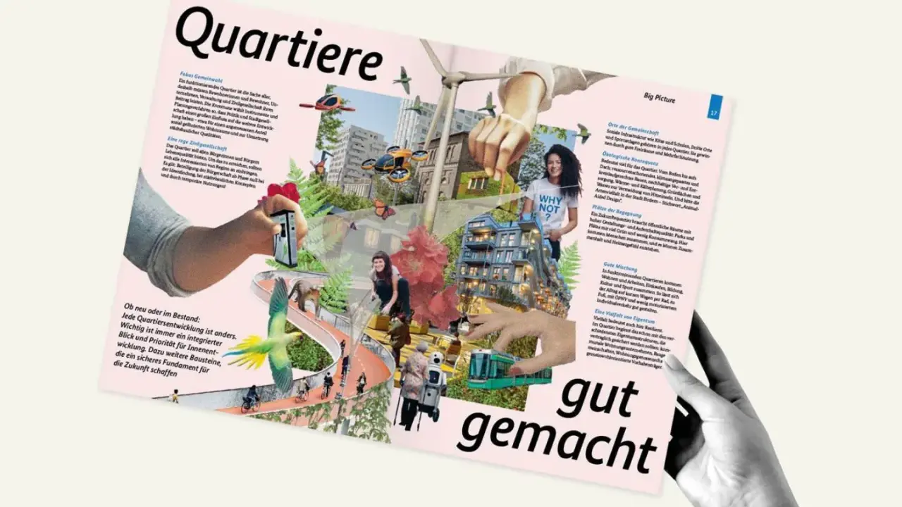 Quartiersentwicklung: Eine Hand hält ein Smartphone, das eine grüne Stadt mit Drohnen und einem Windrad zeigt.