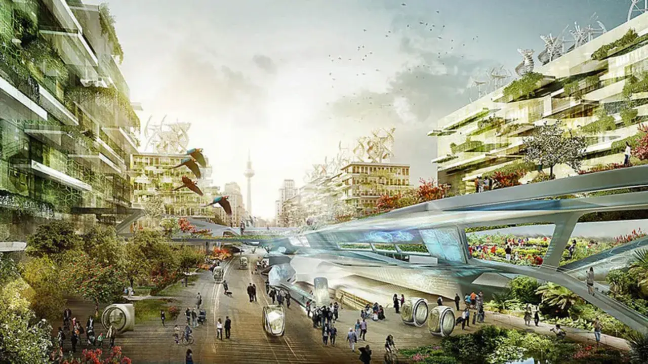 Futuristische autofreie stadt mit grünen Gebäuden, schwebenden Transportmitteln und vielen Menschen, die die Natur genießen.