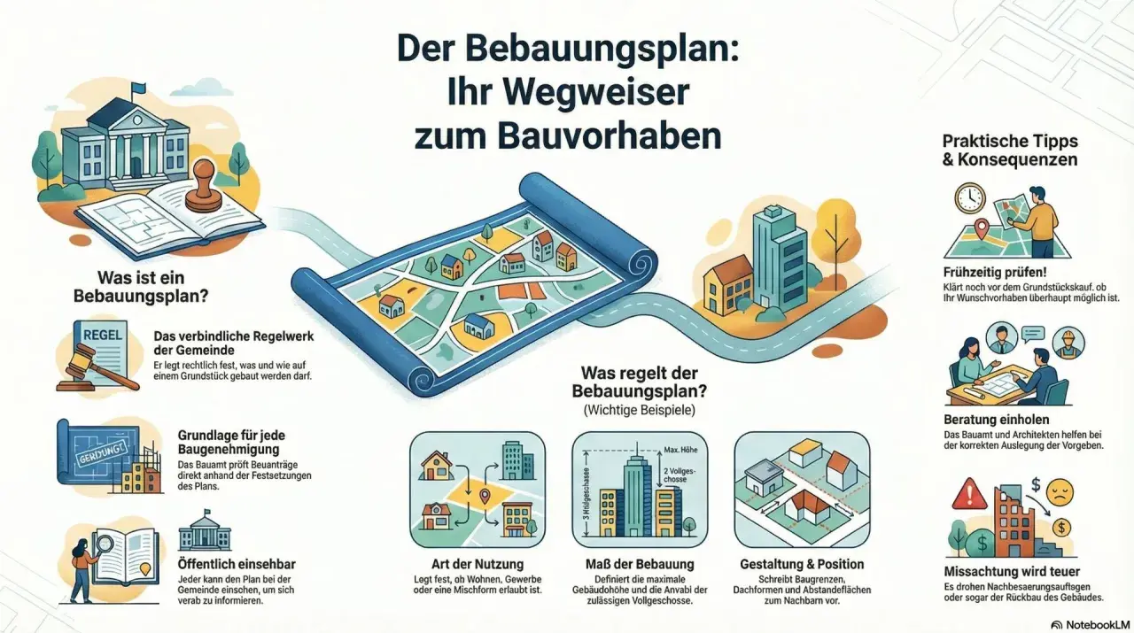 Der Bebauungsplan ist ein Regelwerk, das festlegt, was und wie auf einem Grundstück gebaut werden darf. Er ist die Grundlage für jede Baugenehmigung.