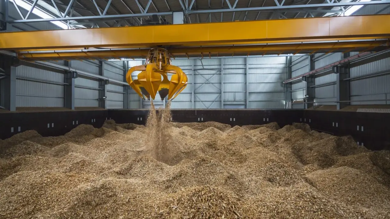Ein Greifer lädt Holzspäne, ein Beispiel für Biomasse, in einen Lagerraum.