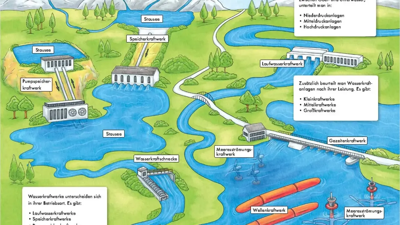 Schema zeigt verschiedene Wasserkraftwerke, darunter ein Laufwasserkraftwerk, das die Energieumwandlung von Wasser in Strom illustriert.
