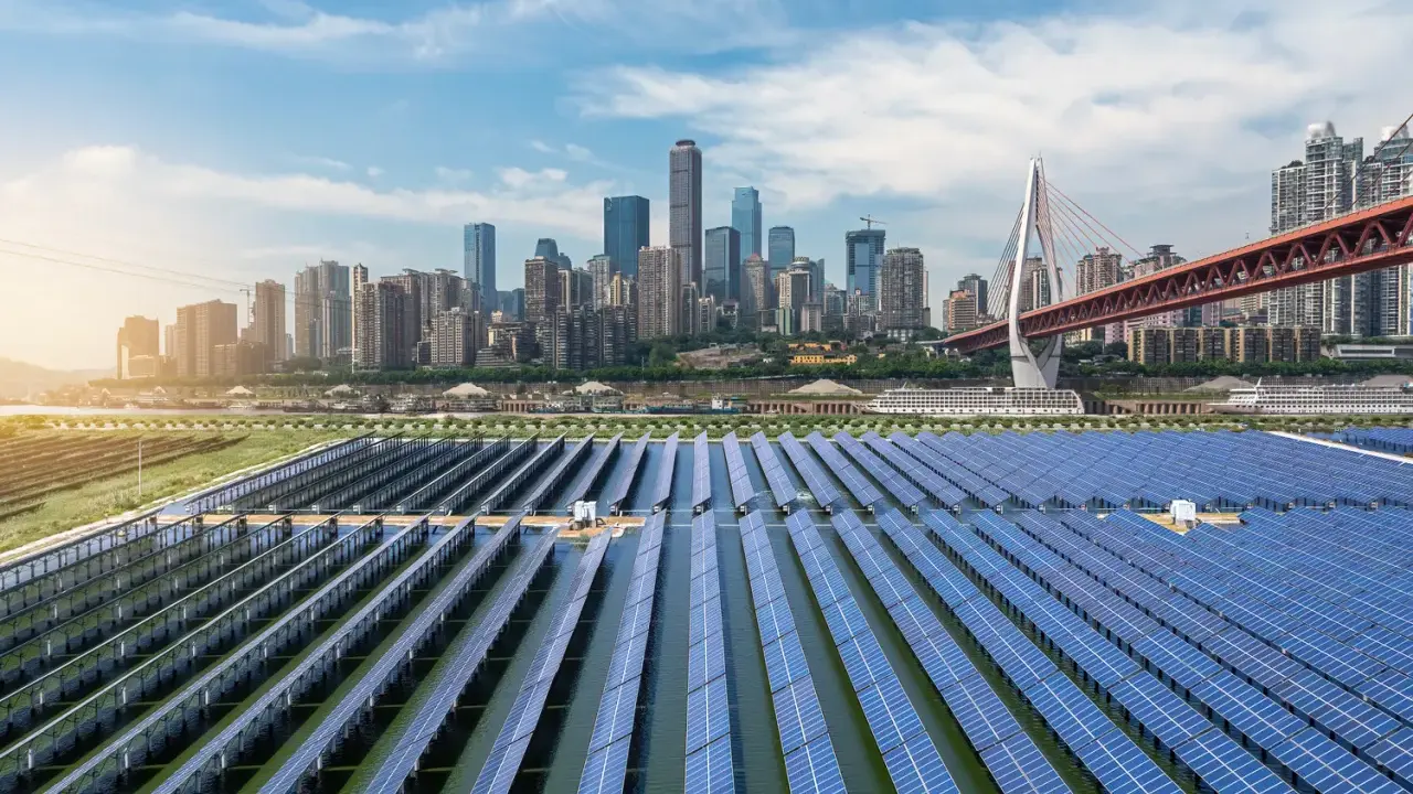 Schwimmende Solaranlage vor einer Skyline, ein Zeichen für Chinas wachsende energieversorgung.
