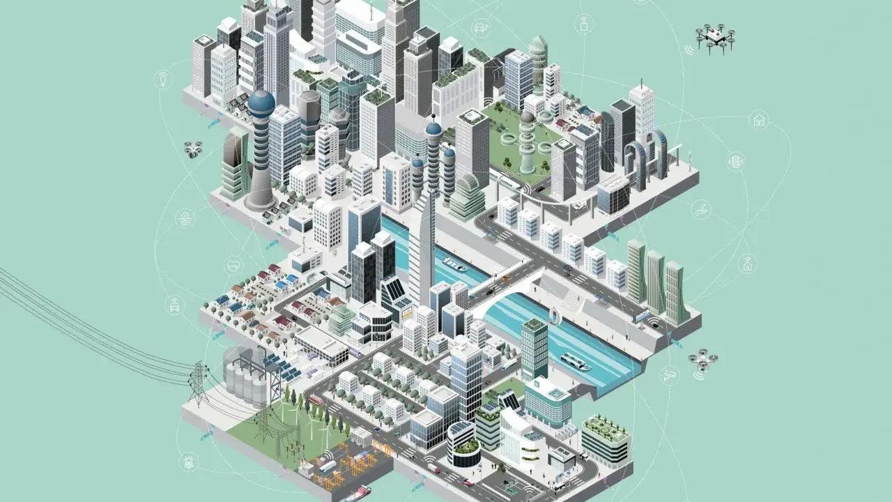 Vernetzte Gebäude, Drohnen und autonome Fahrzeuge illustrieren, was sind smart cities: eine Stadt der Zukunft.