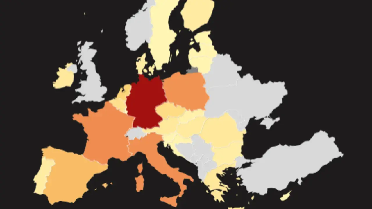 Karte Europas mit Deutschland in Rot, was auf eine hohe Klimaneutralität hindeutet. Andere Länder sind in verschiedenen Orangetönen und Gelb gefärbt.