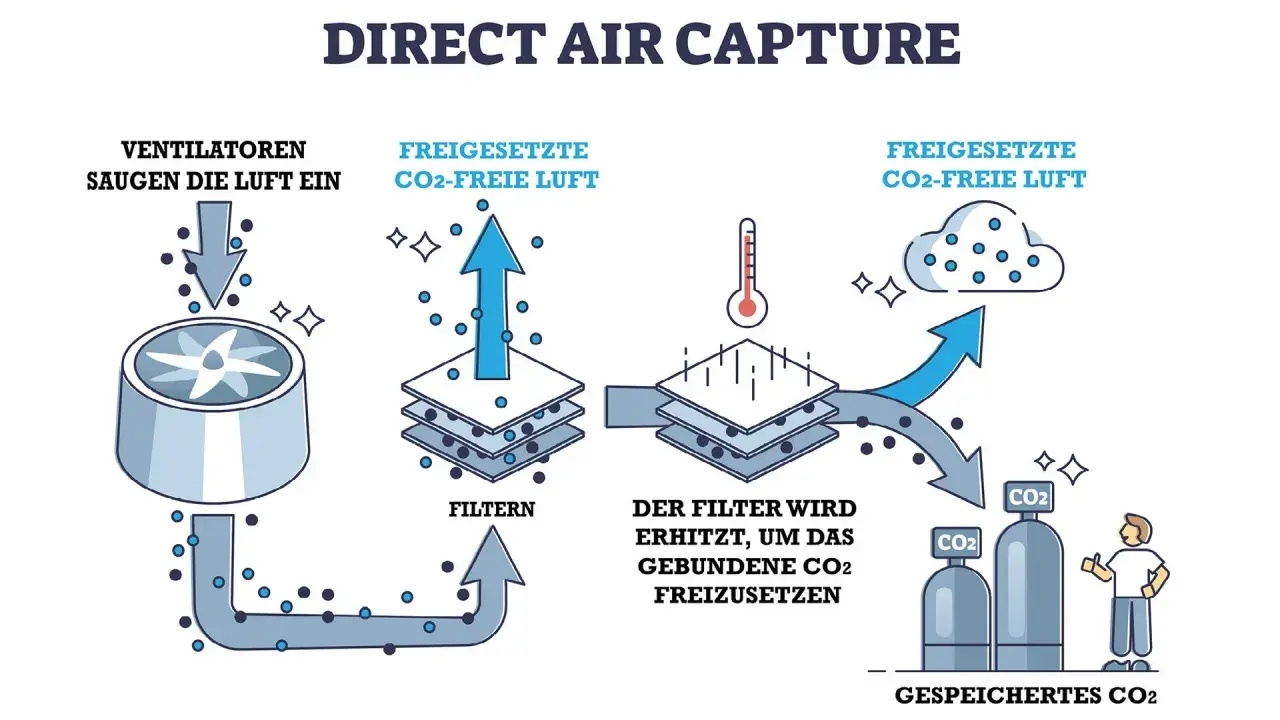 So kann man CO2 aus der Luft filtern: Ventilatoren saugen Luft ein, die dann gefiltert wird. Erhitzen setzt CO2 frei, das gespeichert wird.