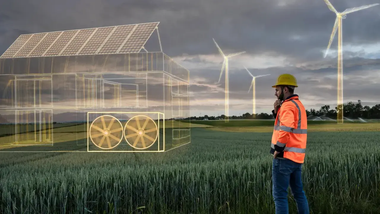 Ingenieur betrachtet ein Haus mit Solardach und Lüftern, umgeben von Windrädern. Ein Symbol für erneuerbare Energien vs. fossile Energien.