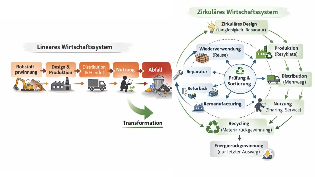 Vergleich von linearem und zirkulärem Wirtschaftssystem. Das zirkuläre System zeigt, wie Produkte wiederverwendet, repariert und recycelt werden, um die Rohstoffe der Zukunft zu schonen.