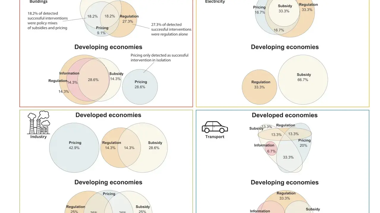 Venn-Diagramme zeigen, was Klimaschutz in verschiedenen Sektoren und Volkswirtschaften bedeutet: Subventionen, Regulierung und Preisgestaltung sind Schlüssel.
