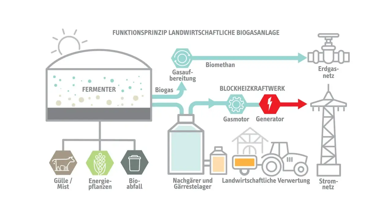 Schema einer Biogasanlage: Gülle, Energiepflanzen und Bioabfall werden im Fermenter zu Biogas verarbeitet. Dieses wird aufbereitet, liefert Strom und Wärme, und wird ins Erdgasnetz eingespeist. Erneuerbare Energie aus der Landwirtschaft.