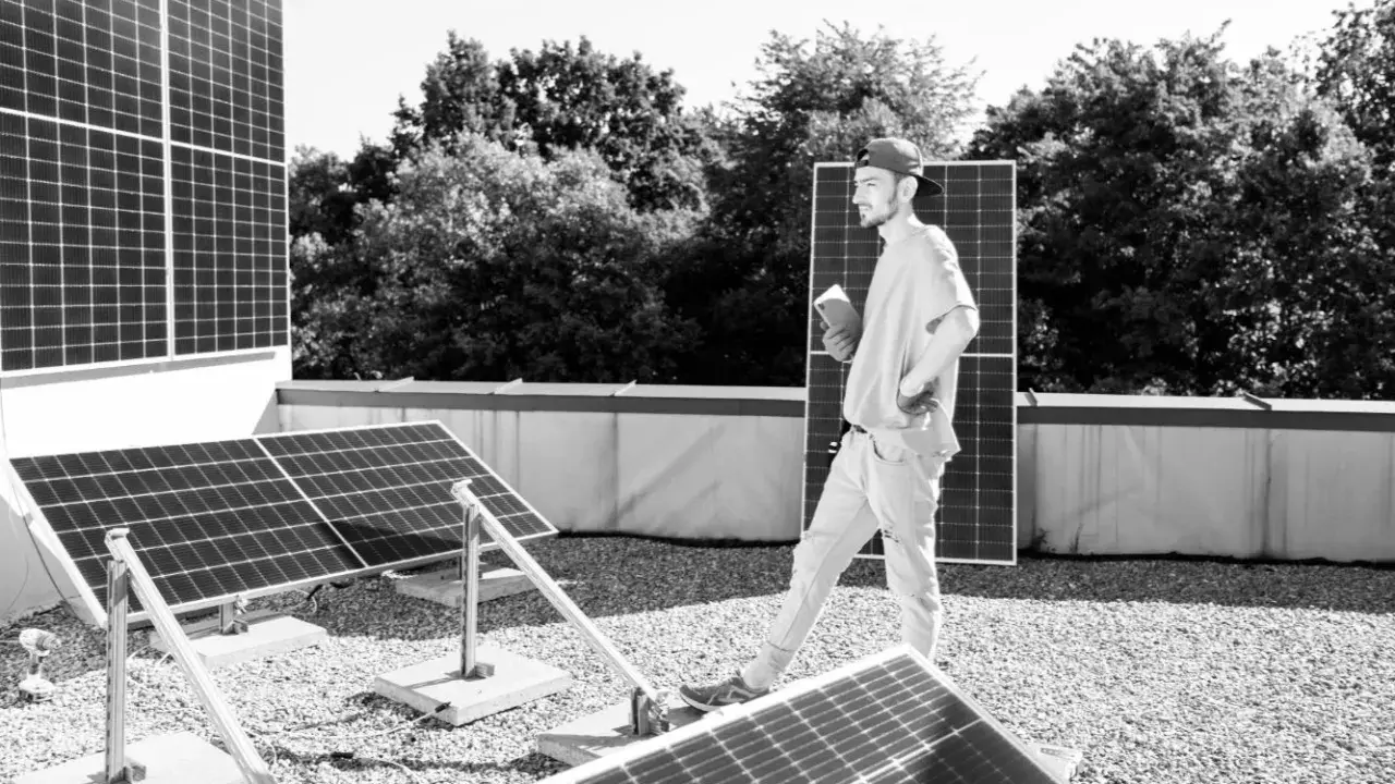Mann mit Tablet inspiziert Solarmodule auf einem Dach. Der PV-Zubau in Deutschland schreitet voran.