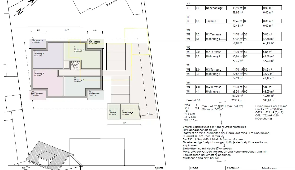 Grundriss des Erdgeschosses mit 11 Baunvo (Wohnungen und Terrassen), Technik und Nebenanlage.