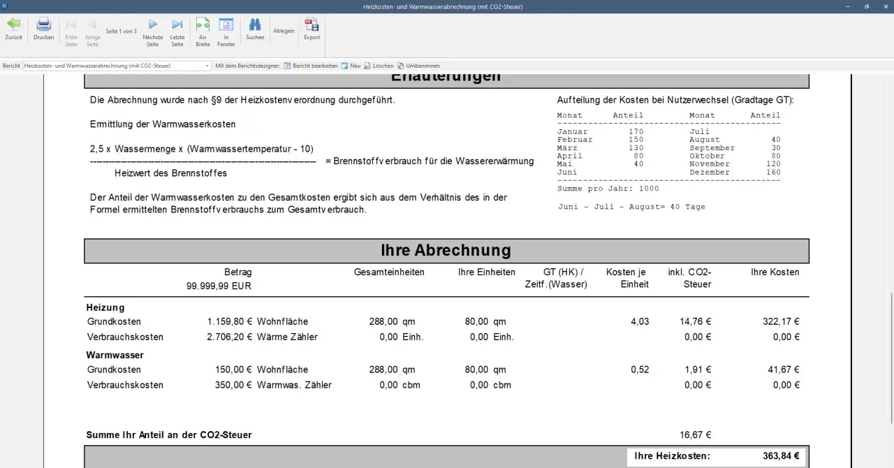 Abrechnung für Heizkosten und Warmwasser, inklusive CO2-Umlage. Zeigt Kostenaufteilung und Ihren Anteil an der CO2-Steuer.