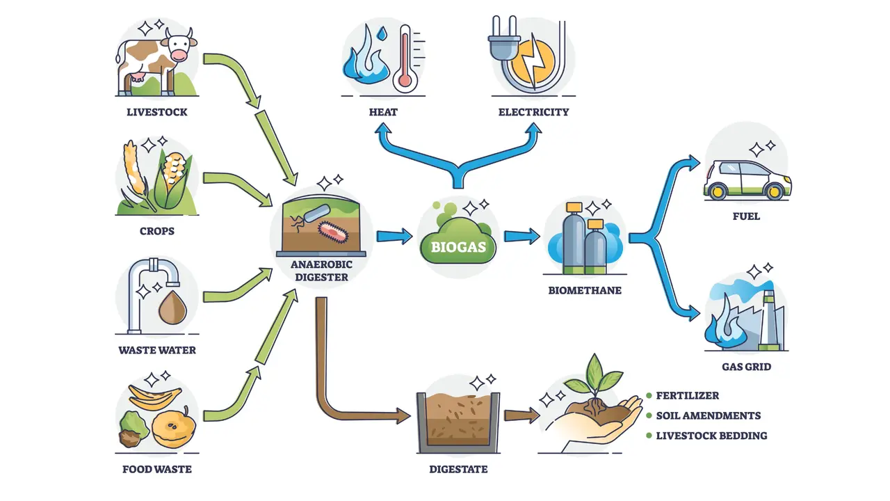 Schema zeigt, wie wird aus biomasse energie gewonnen: Gülle, Pflanzen, Abwasser und Lebensmittelabfälle werden in einem Biogasfermenter zu Biogas verarbeitet, das zu Wärme, Strom, Biokraftstoff und Gasnetz wird.