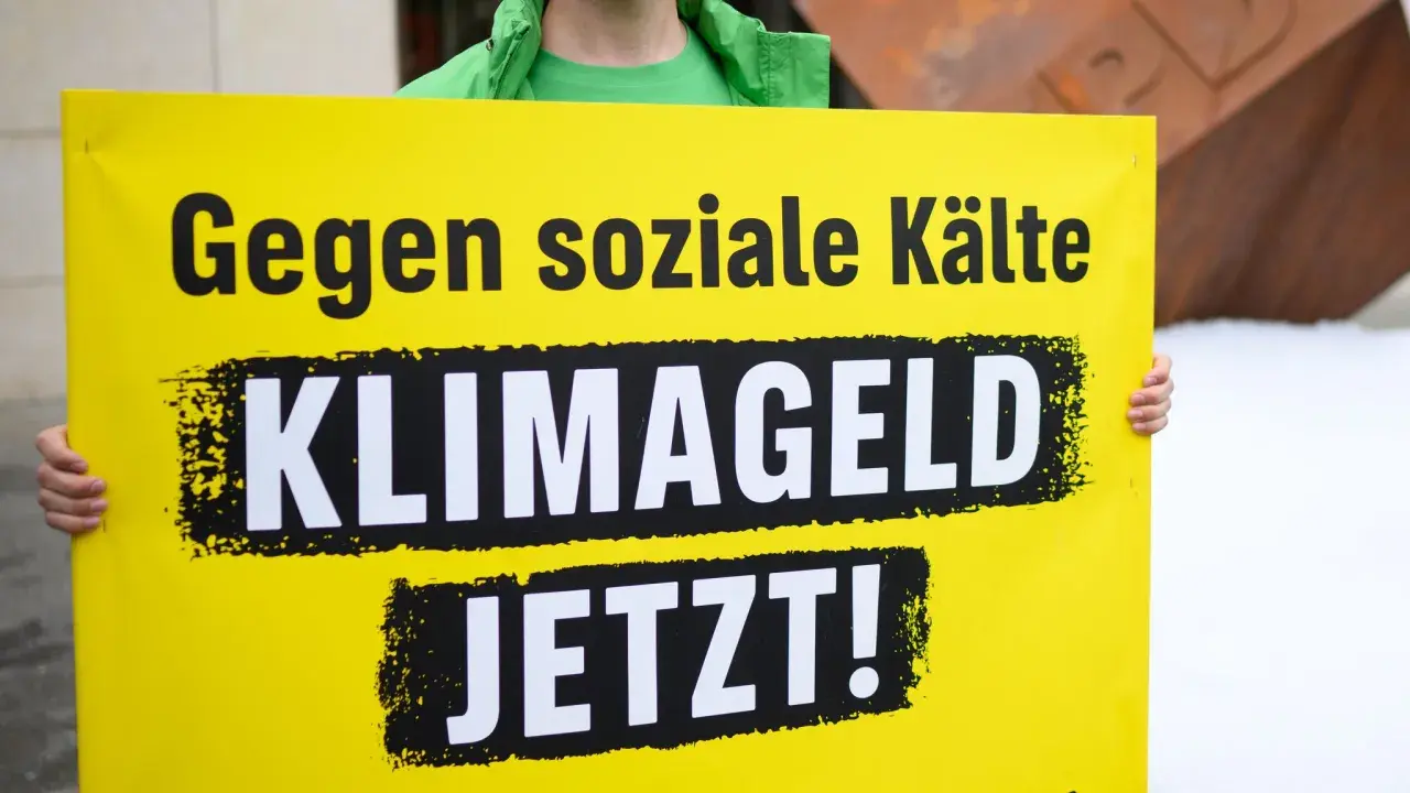 Gelbe Tafel mit schwarzer Schrift: "Gegen soziale Kälte KLIMAGELD JETZT!". Eine Forderung nach sozialer Gerechtigkeit im Klimaschutz.