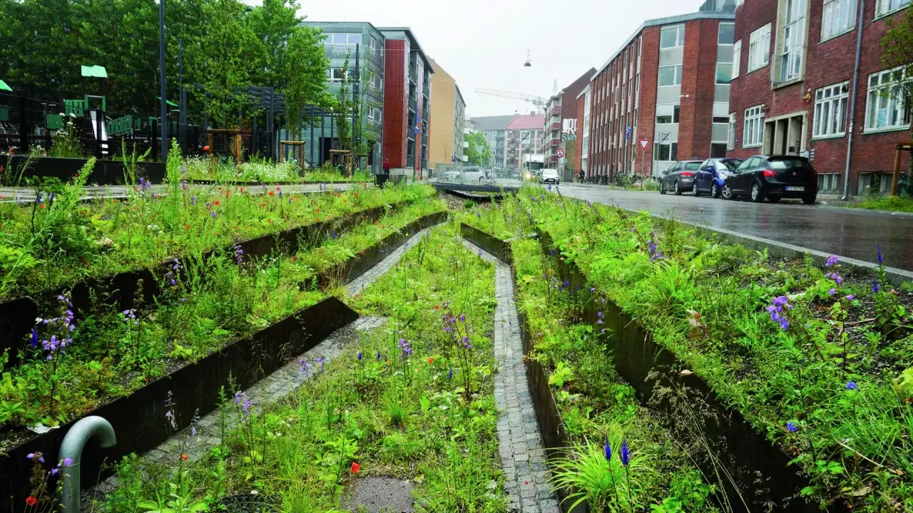Grüne Oase mit blauer Infrastruktur: Ein Stadtgarten mit Wegen aus Kopfsteinpflaster und metallischen Beeteinfassungen, umgeben von üppiger Vegetation und Blumen.