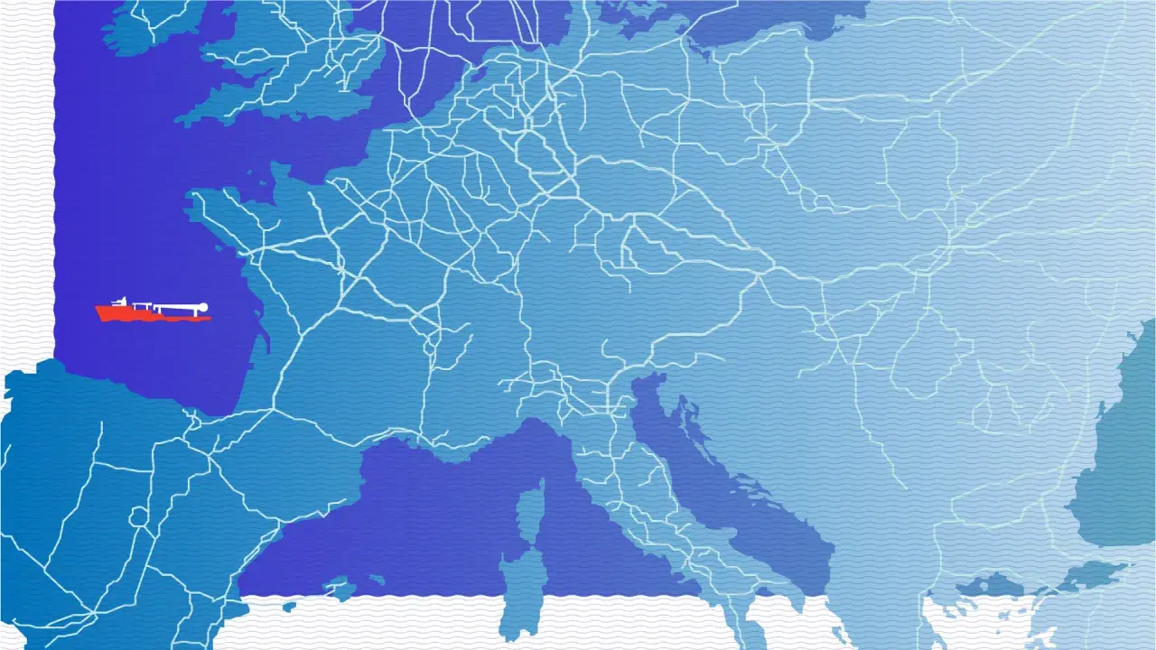 Karte Europas mit einem roten Schiff vor der Küste und einem weißen Netz, das den Gasnetz Europa darstellt.