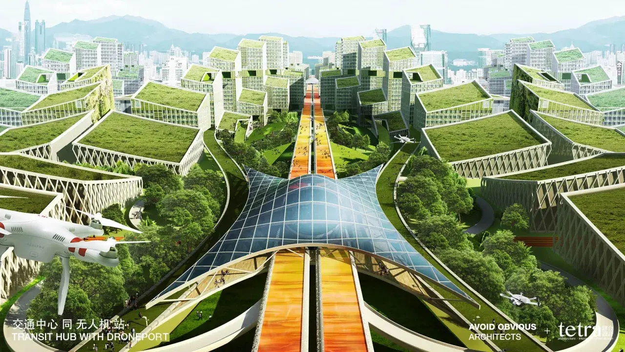 Grüne Dächer und futuristische Gebäude prägen diese Vision einer nachhaltigen Stadt. Drohnen landen auf einem Verkehrsknotenpunkt, der eine Brücke über eine bunte Fußgängerzone bildet.