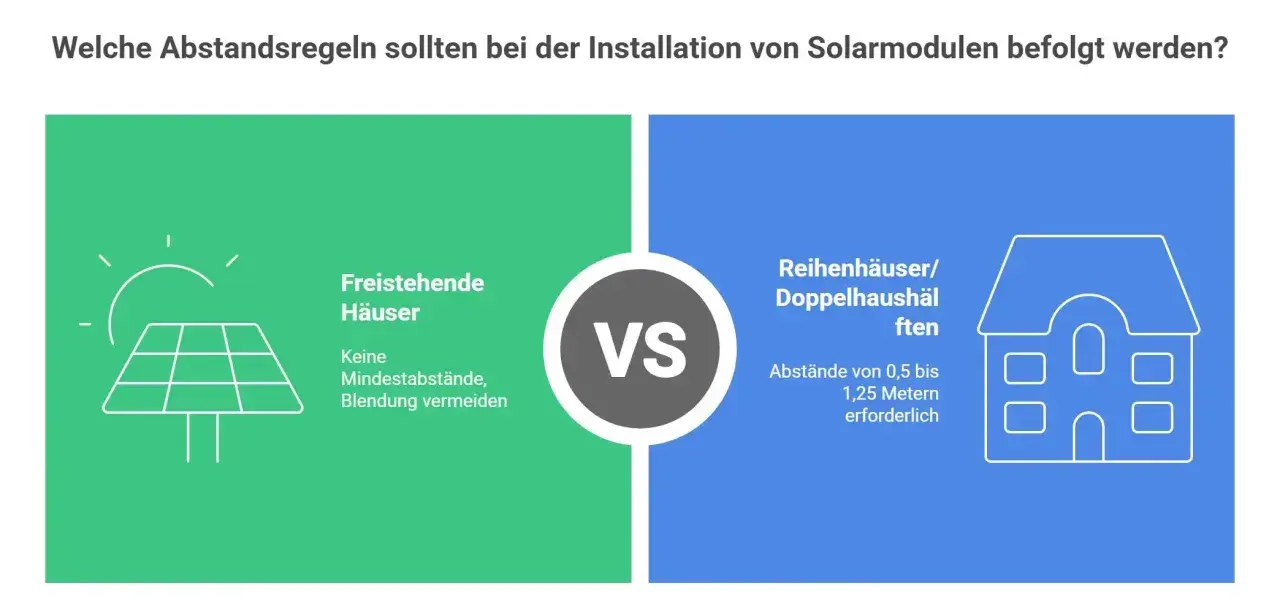 Photovoltaik-Nachbarrecht: Freistehende Häuser brauchen keine Mindestabstände, aber Blendung vermeiden. Reihenhäuser benötigen 0,5-1,25m Abstand.
