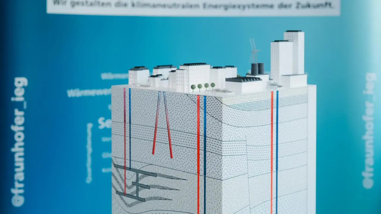 Modell einer Stadt mit Geothermie-Anlage, die zeigt, wie das ieg fraunhofer an klimaneutralen Energiesystemen arbeitet.