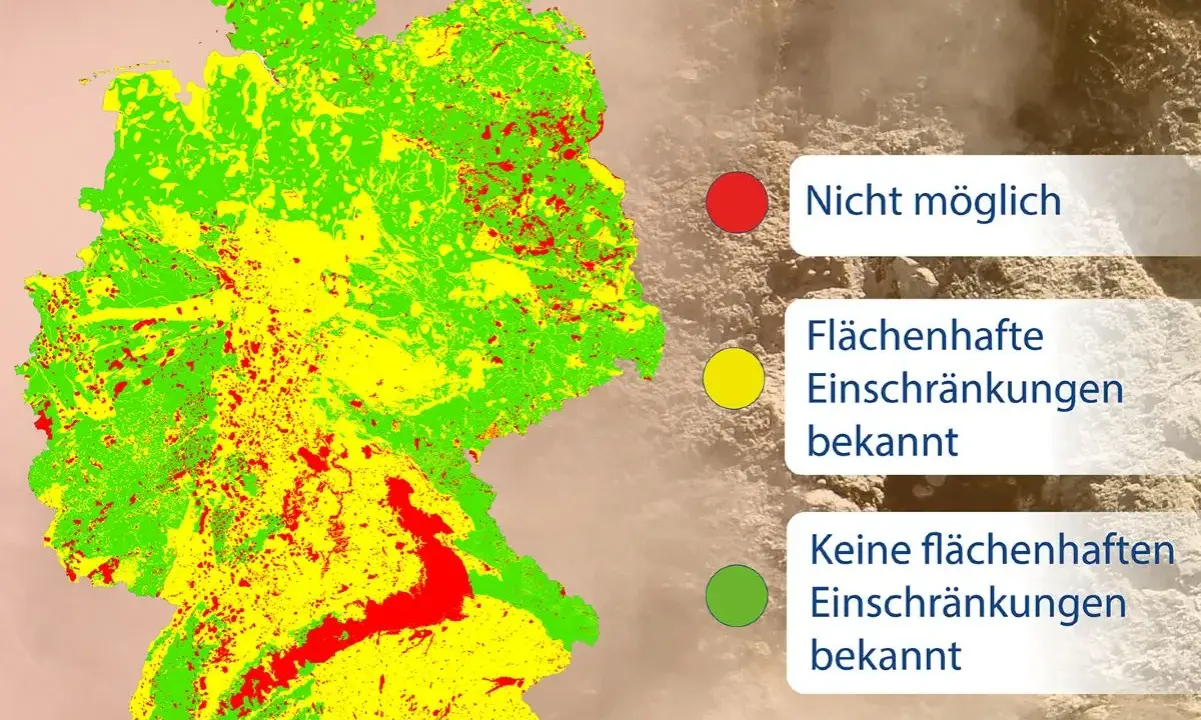 Karte von Deutschland zeigt Potenzial für Geothermie: Rot (nicht möglich), Gelb (Einschränkungen), Grün (keine Einschränkungen).