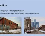 Verfallene Gebäude und moderne Skyline in Detroit spiegeln die Herausforderungen der Detroit Stadtentwicklung wider.