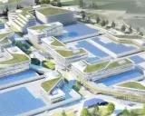 Moderne Gebäude mit begrünten Dächern und Solaranlagen prägen diesen urbanen Lebensraum.