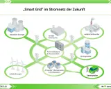 Schema eines Smart Grids in Deutschland: steuerbare und volatile Erzeuger, Verbraucher, Speicher und eine zentrale Steuerung.