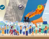Menschen demonstrieren für den Gasausstieg Deutschland. Im Hintergrund sind Atomfässer, ein Tagebau und eine Gasflammensäule zu sehen, im Kontrast zu Windrädern und Solaranlagen.