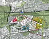 Masterplan Neue Mitte Oberhausen: Konzeptskizze zeigt den Strukturwandel mit neuen Wohngebieten, Innovationsquartier, Mobility Hub und städtebaulichen Ergänzungen.