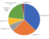 Kreisdiagramm zeigt den Energieverbrauch Deutschland nach Sektoren: Mineralöl (37,2%), Erdgas (24,9%), Erneuerbare Energien (20,2%), Braunkohle (7,5%), Steinkohle (7,2%), Sonstige (2,1%), Stromaustauschsaldo (0,9%).