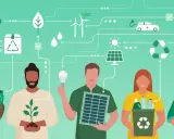 Menschen engagieren sich für grüne Jobs in Deutschland: Recycling, erneuerbare Energien, nachhaltige Landwirtschaft und Elektromobilität.