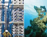 Industrielle Anlage mit Rohren und ein Korallenriff im tiefblauen Wasser. Blaue Energie für die Zukunft.