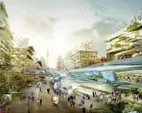 Futuristische autofreie stadt mit grünen Gebäuden, schwebenden Transportmitteln und vielen Menschen, die die Natur genießen.