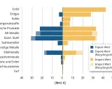 Balkendiagramm zeigt Rohstoffimporte und -exporte Deutschlands. Deutlich höhere Importe bei Erdöl, Erdgas und Kohle.