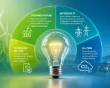 Glühbirne im Zentrum, umgeben von Kreissegmenten, die Strombeschaffung, Netzentgelte, Steuern/Umlagen und CO2-Preis erklären. Ein Diagramm zur Strommarktreform.