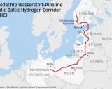 Karte des geplanten Nordic-Baltic Hydrogen Corridor (NBHC), der von Finnland über die baltischen Staaten bis nach Deutschland reicht. Dies ist ein wichtiger Schritt für die zukünftige Finnland Energieversorgung.