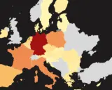 Karte Europas mit Deutschland in Rot, was auf eine hohe Klimaneutralität hindeutet. Andere Länder sind in verschiedenen Orangetönen und Gelb gefärbt.