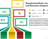 Grafik zeigt Hauptbestandteile von Biogas und Biomasse-Syngasen: CH4, CO2, H2O, H2, CO. Die biomasse produktion erklärt die chemische Zusammensetzung.