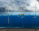 Drei verschiedene Konzepte für schwimmende Offshore-Windkraftanlagen, die im Meer verankert sind.